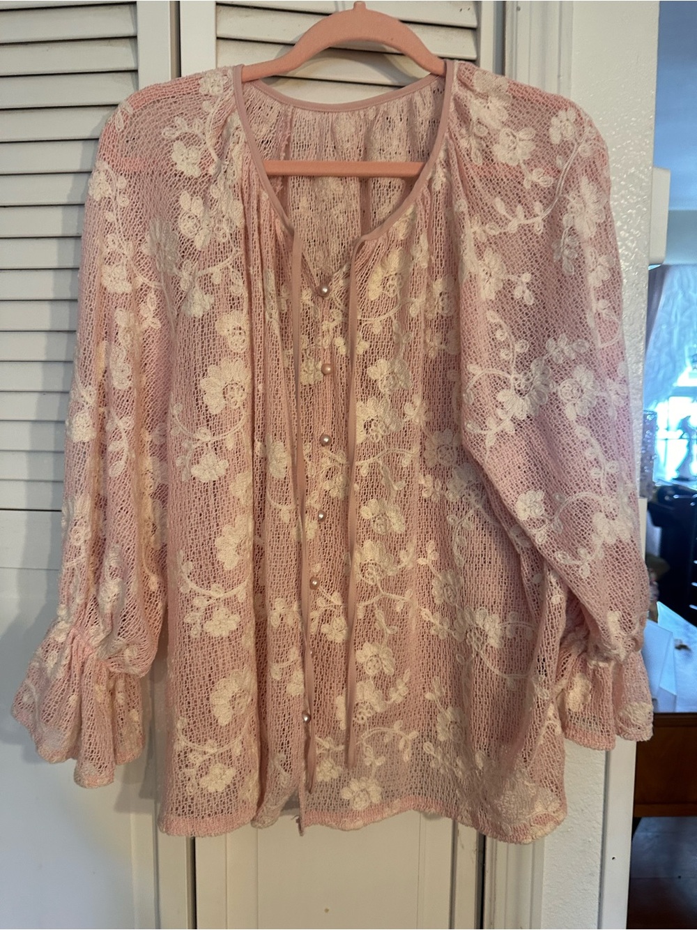 SHEIN Pink Lace Floral Button-Front Blouse